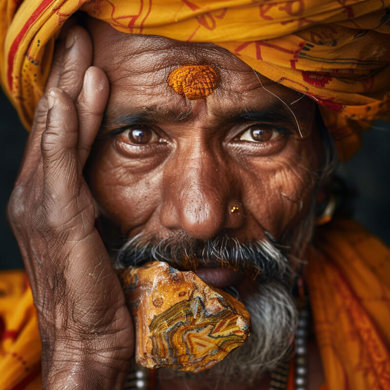 Homme indien avec pierre brute œil de tigre